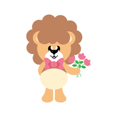 cartoon cute lion with tie with flowers