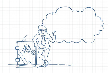 Sketch Business Man Standing At Safe Vault Bank Doodle Over Squared Paper Background Vector Illustration