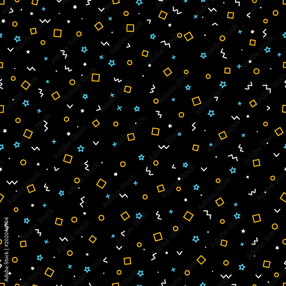 Poster Abstract seamless pattern. Different simple elements on black background
