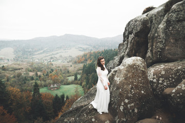 Beautiful happy bride outdoors in a forest with rocks. Wedding perfect day