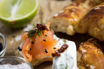 Smoked Salmon Canape with Cream Cheese, Fresh Dill and Black Sesame. Finger Food.