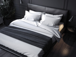Black realistic bed with white linens ,3d rendering