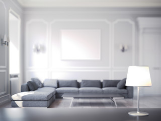 Modern cozy room with table and lamp on foregound and on focus, 3d rendering