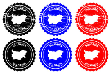 Bulgaria - rubber stamp - vector, Bulgaria map pattern - sticker - black, blue and red