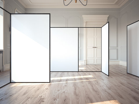 Bright exhibition hall in classic interior with blank walls. 3d rendering