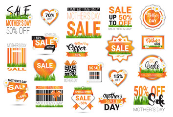 Set Of Mothers Day Sale signs Isolated Shopping Discount Tags Collection Flat Vector Illustration