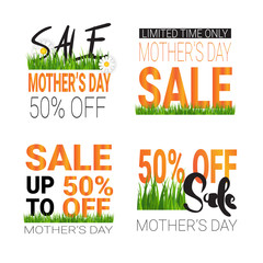 Fototapeta premium Mothers Day Sale Signs Set Isolated Special Offer And Discount Seals Collection Flat Vector Illustration