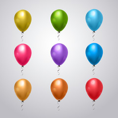 Big Set Of Colorful Balloons With Ribbon On Grey Background Flat Vector Illustration