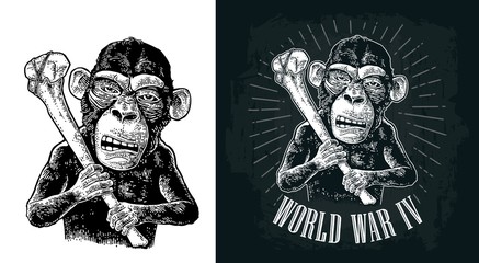 Monkey holding tibia. Vintage black engraving