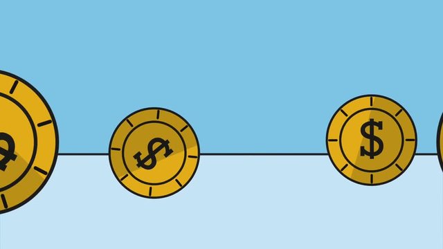 Coins rolling on desk over blue background
