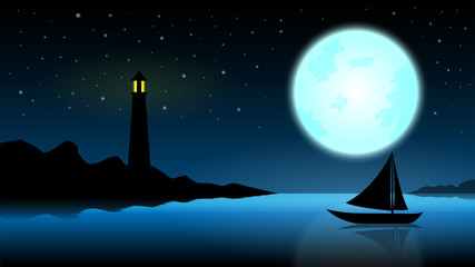 ship in the night of full moon;blue ocean with lighthouse at midnight with full moon;star on the sky;fantasy landscape background;beautiful silhouette night landscape vector design
