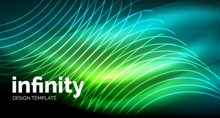 Abstract wave on dark background, shiny glowing neon digital background template