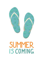 Summer is coming. Blue flip flops with shellfish on white background. Summer banner, poster, card. Vector illustration.