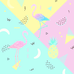 Sammer banner, poster. Punchy pastel. Trendy texture. Beautiful summer background with pink flamingo, tropical fruits vector.