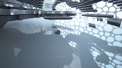 Abstract white and concrete interior  with glossy white lines. 3D illustration and rendering.