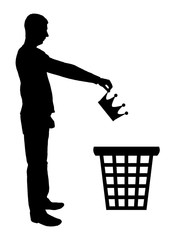 Silhouette vector of a man throws a crown in the garbage bin