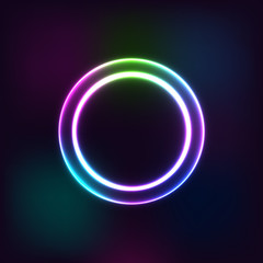 Neon circle. Round frame with glowing and light. Electric bright 3d circuit banner design on dark blue backdrop. Neon abstract circle background with flares and sparkles. Vintage vector illustration.
