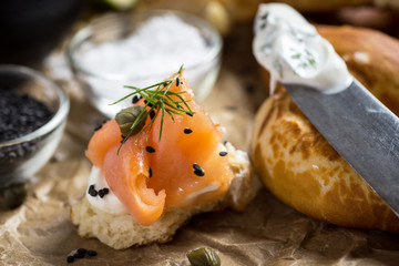 Pretzel with Smoked Salmon, Cream Cheese, Fresh Dill, Black Sesame and Lime