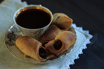 Coffee and cake. Selective focus. Close-up.