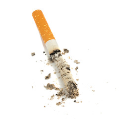 Cigarette butt ash isolated on white background