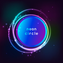 Neon sign. Round frame with glowing and light. Electric bright 3d circuit banner design on dark blue backdrop. Neon abstract circle background with flares and sparkles. Vintage vector illustration.
