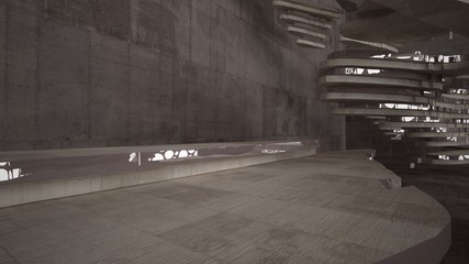 Abstract white and concrete interior  with glossy white lines. 3D illustration and rendering.