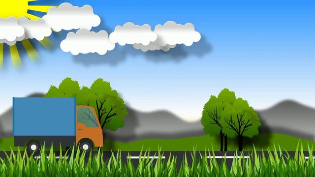 Cartoon car rides on the road. The green landscape.  Moving trees, grass, clouds, sun. Looped video.