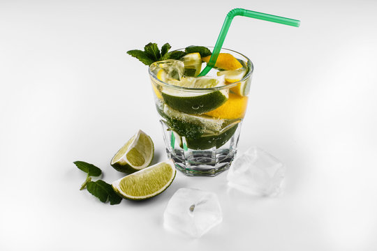 Mojito refreshing non alcohol cocktail  drink in highball glass with soda water, lime lemon juice, mint leaves, sugar, ice and rum