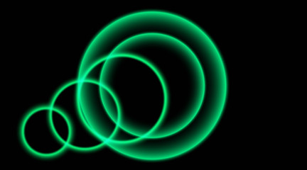 Neon shining circles in the dark. Green  starlights. Multicolor neon laser circles on black background. Abstract illustration with glowing round lights. Background with shining flare