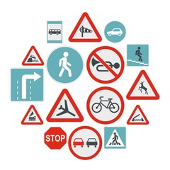 Flat road sign icons set. Universal road sign icons to use for web and mobile UI, set of basic road sign elements isolated vector illustration