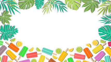 Poster, card or banner of colorful ice cream or popsicle with tropical leaves. Copy space for text. Vector illustration in flat style design
