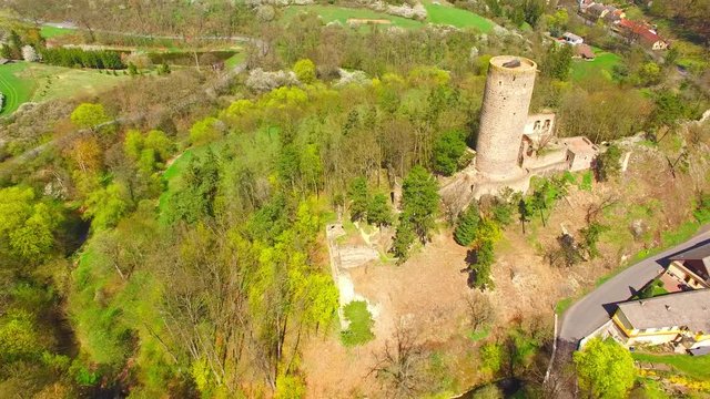 Aerial view of Zebrak Castle. A ruin of a Gothic castle originated in the 13th century. Since 1336 a royal castle, enlarged by Kings Charles IV. Czech famous monument from above. 
