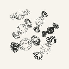 Vintage illustration with ink drawn candies