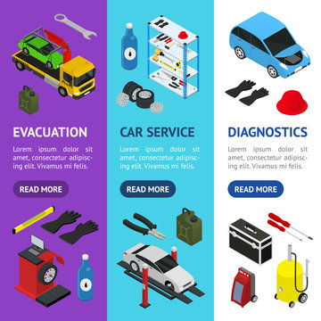 Car Service Interior with Furniture Banner Vecrtical Set Isometric View. Vector