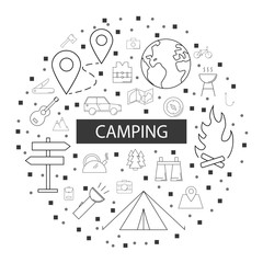 Camping background from line icon. Linear vector pattern