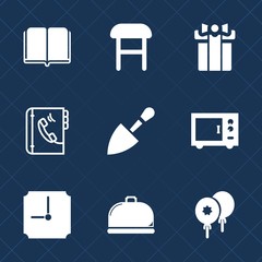 Premium set with fill icons. Such as restaurant, microwave, library, gift, paper, box, shovel, equipment, oven, home, knowledge, education, decoration, tool, textbook, kitchen, food, armchair, hour