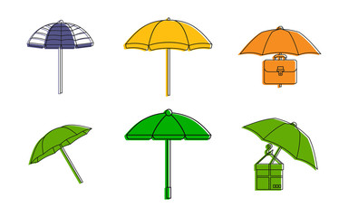 Umbrella icon set. Color outline set of umbrella vector icons for web design isolated on white background
