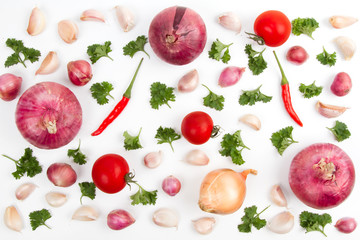 Food ingredient wallpaper of various vegetable. garlic, onion chili and parsley leaf