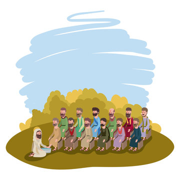 Jesus washing the feet of an apostles in the camp vector illustration design