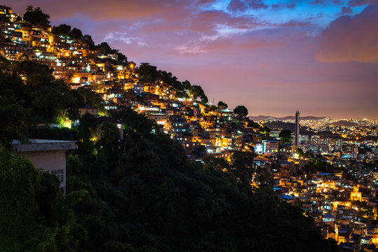 View of Fragile Residential Houses on the Hill in Rio de Janeiro at Night