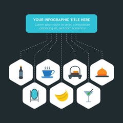 Flat geometric food, hotel, drinks infographic steps template with 7 options for presentations, advertising, annual reports
