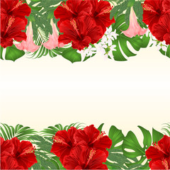 Floral  seamless background bouquet with tropical flowers  floral arrangement, with red hibiscus, palm,philodendron and Brugmansia, vintage vector illustration  editable hand draw