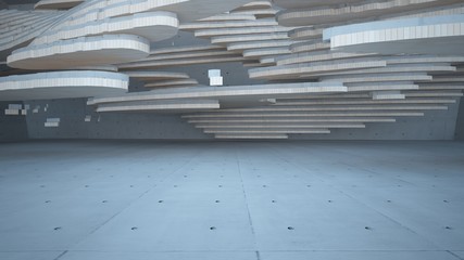 Abstract  concrete and wood parametric interior  with window. 3D illustration and rendering.