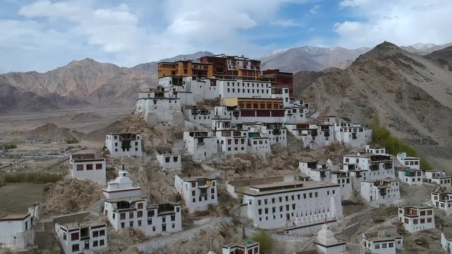Aerial drone footage of Thiksay Gompa or Thiksay Monastery is a gompa affiliated with the Gelug sect of Tibetan Buddhism.