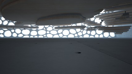 Fototapeta premium Streszczenie betonu i drewna parametryczne wnętrze z oknem. Ilustracja 3D i renderowania.