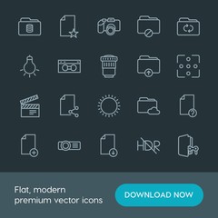 Modern Simple Set of folder, video, photos, files Vector outline Icons. Contains such Icons as  network,  folder,  dslr,  lens,  game,  lamp and more on dark background. Fully Editable. Pixel Perfect.
