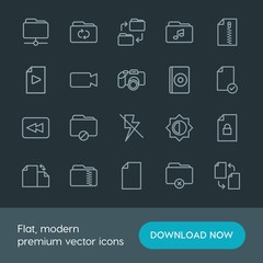 Modern Simple Set of folder, video, photos, files Vector outline Icons. Contains such Icons as  symbol, security,  illustration,  compact and more on dark background. Fully Editable. Pixel Perfect.