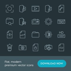 Modern Simple Set of folder, video, photos, files Vector outline Icons. Contains such Icons as dark,  theater, music,  game, hd, folder,  tv and more on dark background. Fully Editable. Pixel Perfect.