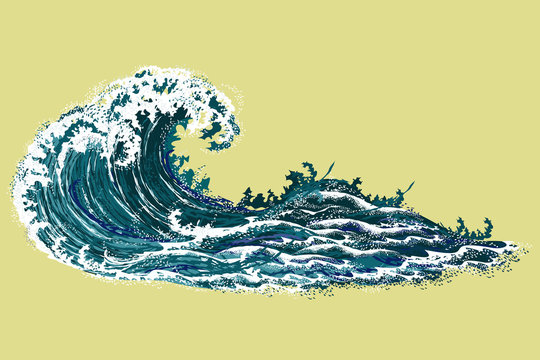 Sea wave. Hand drawn realistic vector illustration in oriental vintage ukiyo-e style isolated on yellow background.