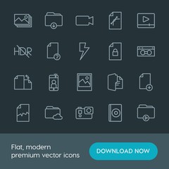 Modern Simple Set of folder, video, photos, files Vector outline Icons. Contains such Icons as  camera, image,  button,  download, selfie and more on dark background. Fully Editable. Pixel Perfect.
